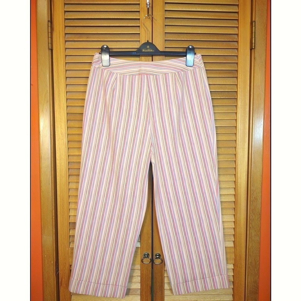 VTG Striped Wide Leg Cropped Capri Pants Womens 14 Multi Color Stretch Cuffs - Picture 3 of 11